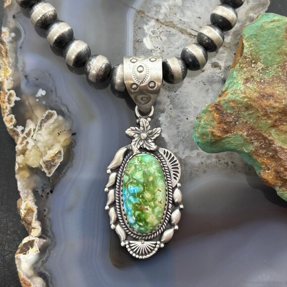 Sterling Southwestern Style Sonora Gold Turquoise Decorated Pendant For Women - Picture 2 of 10